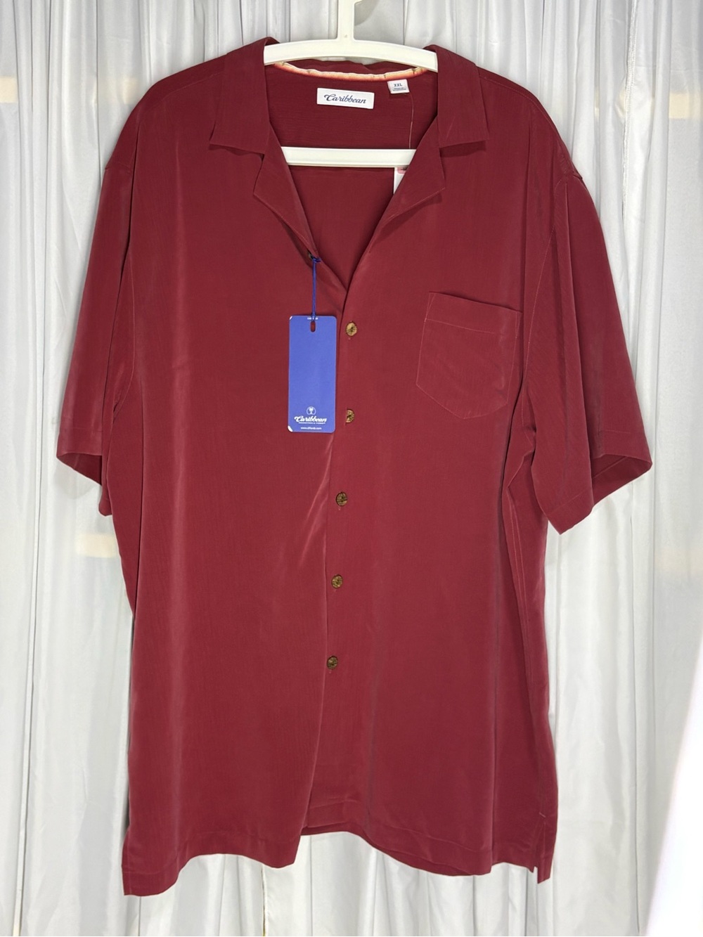 🆕Caribbean Men's Short-Sleeve Button-Down Shirt in Burgundy Size XXL